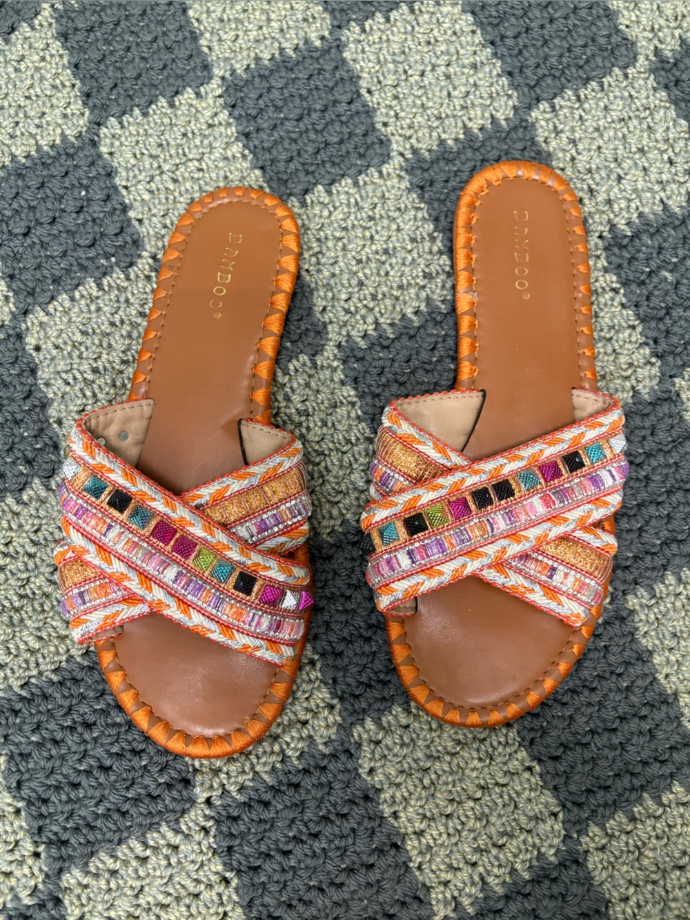 Women's Bamboo Orange Embroidered Slide Sandals - Multicolor Accent